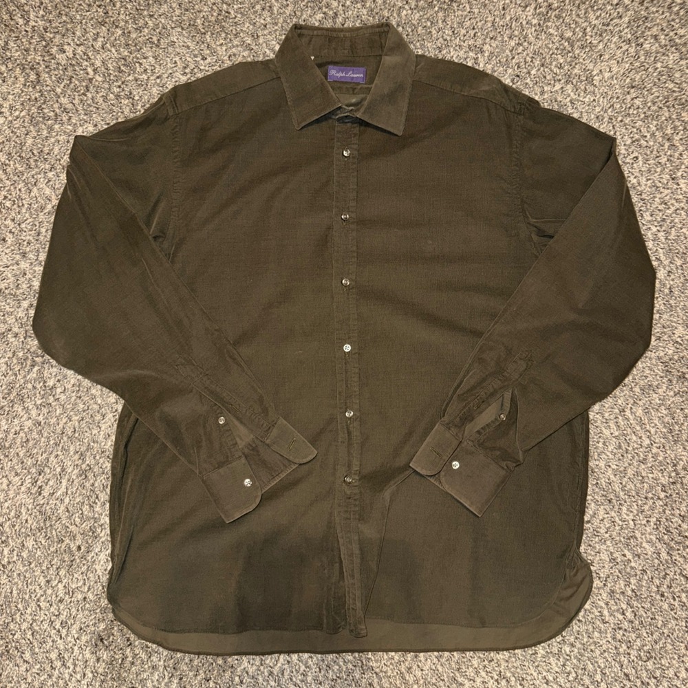 Ralph Lauren Purple Label Olive Green Corduroy Button Up Shirt Italy 17.5